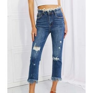 Risen Women's Mid Rise Distressed Raw Hem Straight Leg Jeans